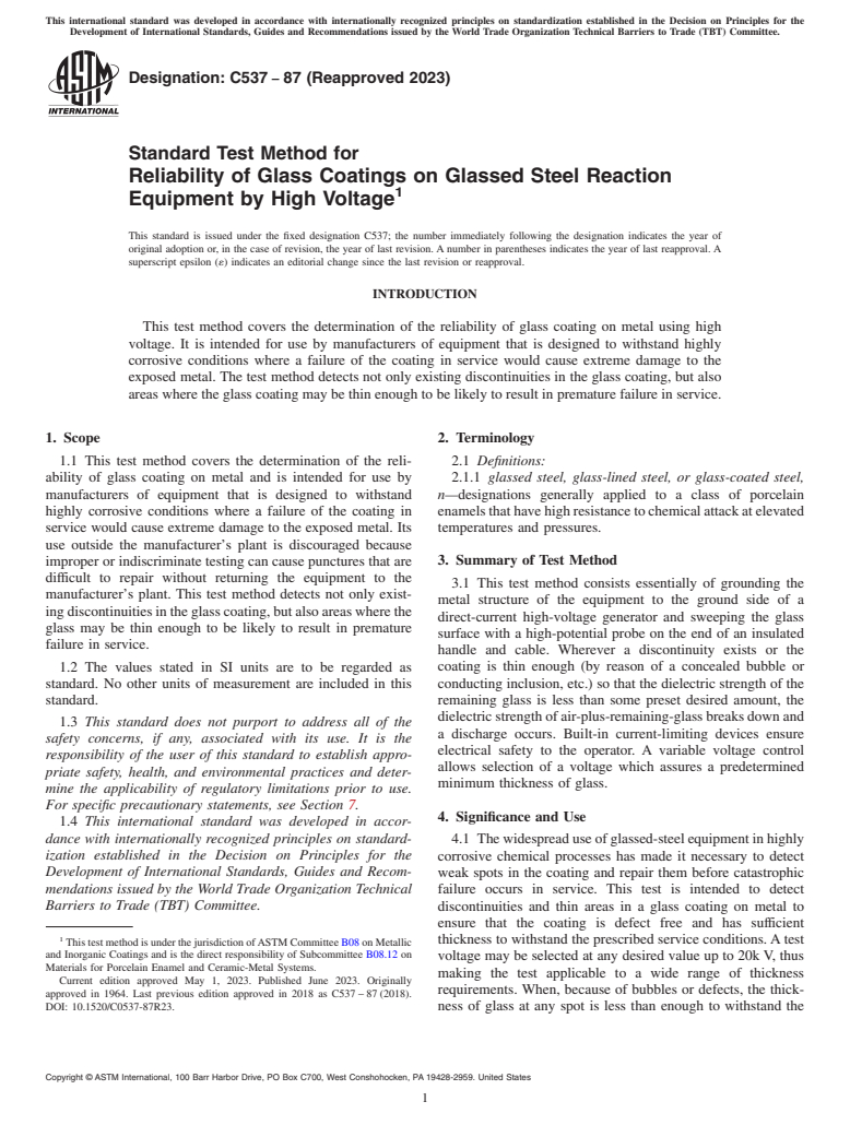 ASTM C537-87(2023) - Standard Test Method for  Reliability of Glass Coatings on Glassed Steel Reaction Equipment  by High Voltage