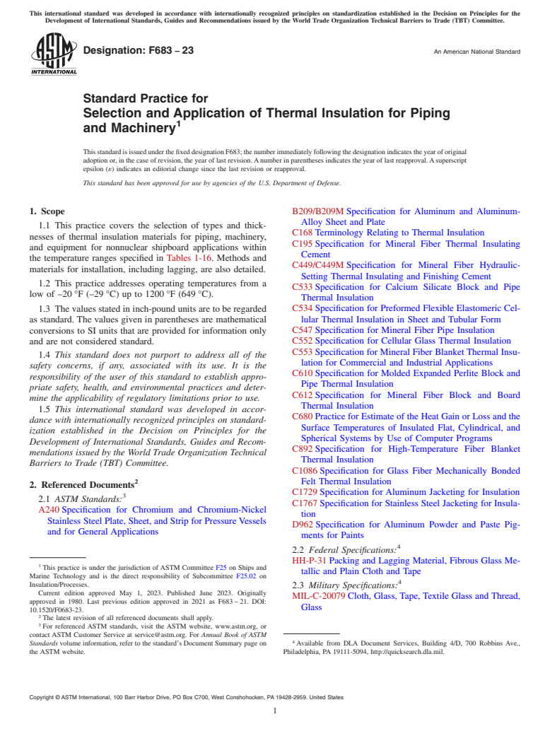 ASTM F683-23 - Standard Practice for  Selection and Application of Thermal Insulation for Piping  and Machinery