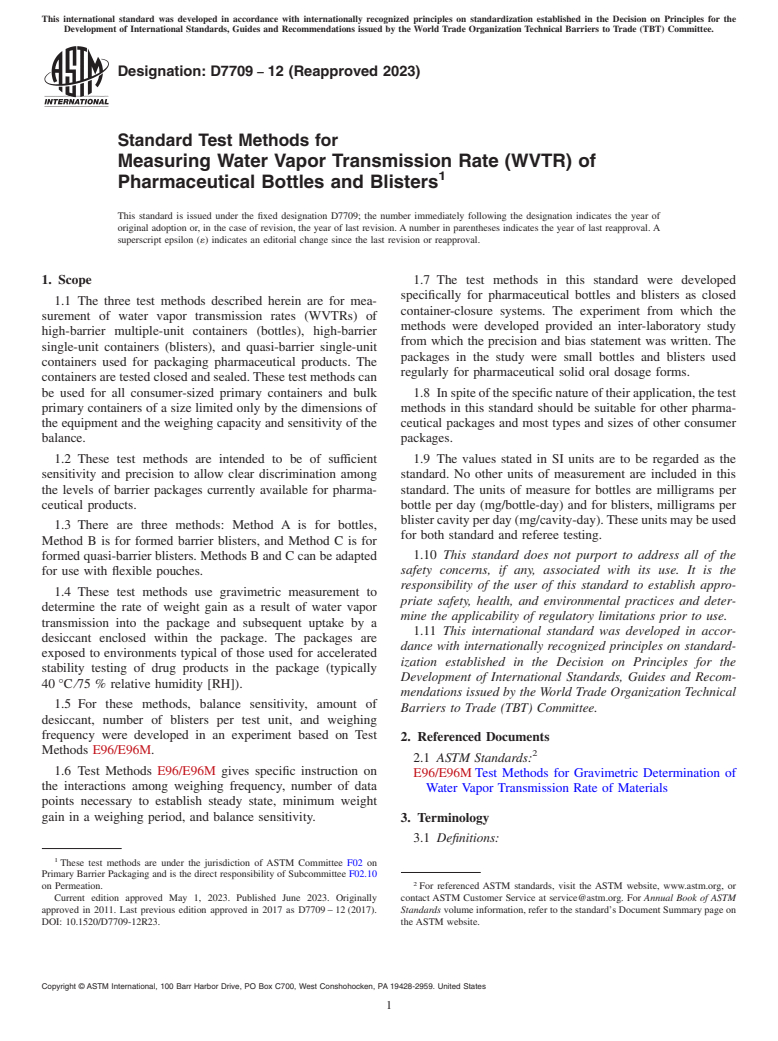 ASTM D7709-12(2023) - Standard Test Methods for  Measuring Water Vapor Transmission Rate (WVTR) of Pharmaceutical  Bottles and Blisters