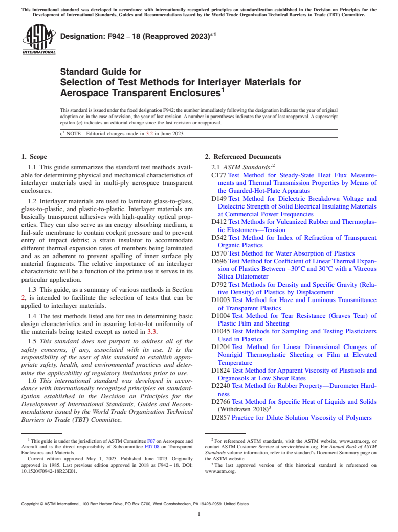 ASTM F942-18(2023)e1 - Standard Guide for  Selection of Test Methods for Interlayer Materials for Aerospace  Transparent Enclosures