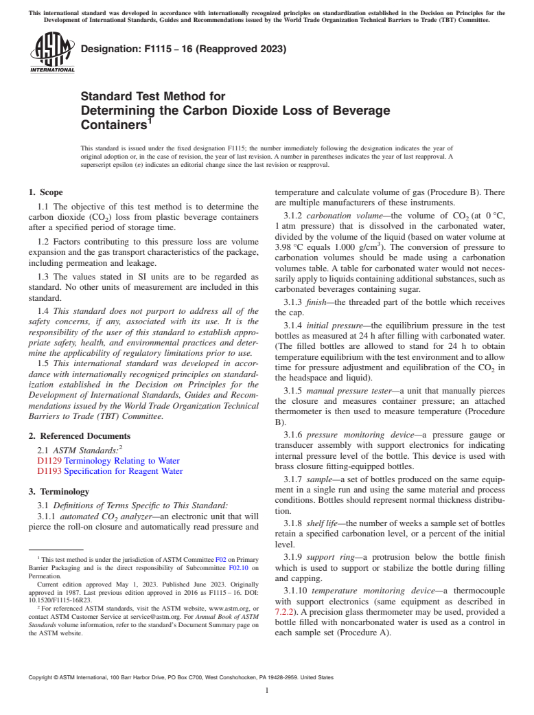 ASTM F1115-16(2023) - Standard Test Method for  Determining the Carbon Dioxide Loss of Beverage Containers