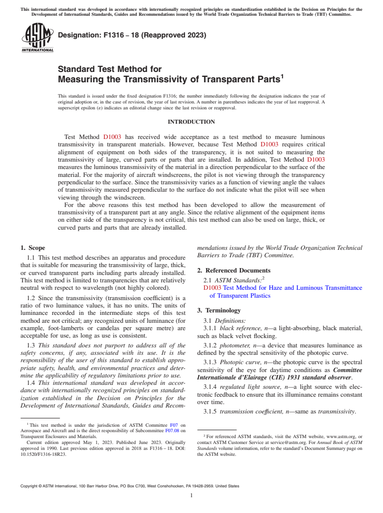 ASTM F1316-18(2023) - Standard Test Method for  Measuring the Transmissivity of Transparent Parts