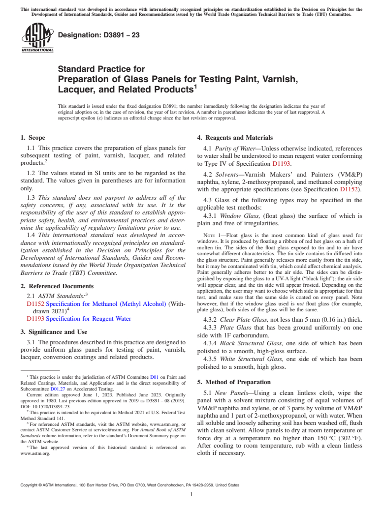 ASTM D3891-23 - Standard Practice for Preparation of Glass Panels for Testing Paint, Varnish, Lacquer,  and Related Products