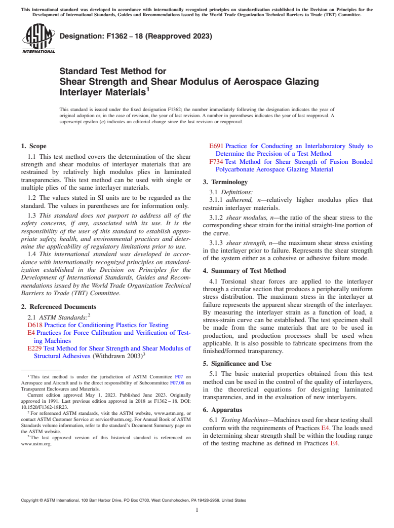 ASTM F1362-18(2023) - Standard Test Method for  Shear Strength and Shear Modulus of Aerospace Glazing Interlayer  Materials