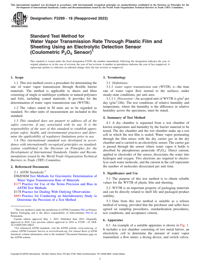 ASTM F3299-18(2023) - Standard Test Method for Water Vapor Transmission Rate Through Plastic Film and Sheeting  Using an Electrolytic Detection Sensor (Coulometric P<inf>2</inf>O<inf  >5</inf> Sensor)