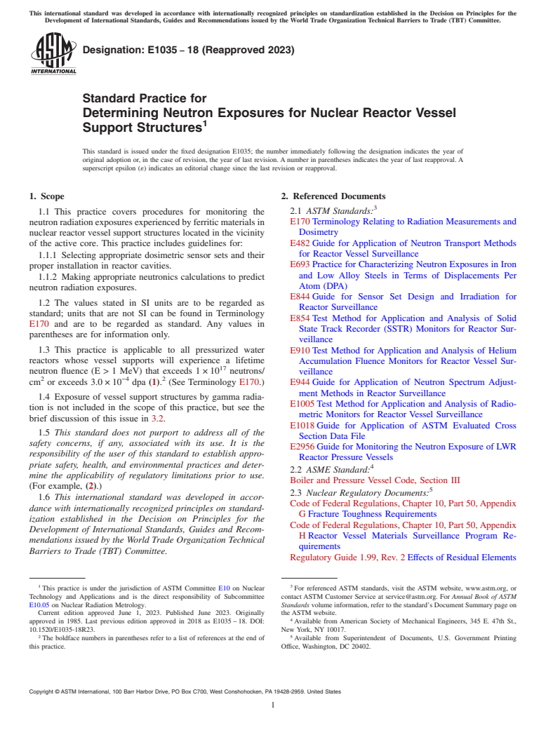 ASTM E1035-18(2023) - Standard Practice for  Determining Neutron Exposures for Nuclear Reactor Vessel Support  Structures