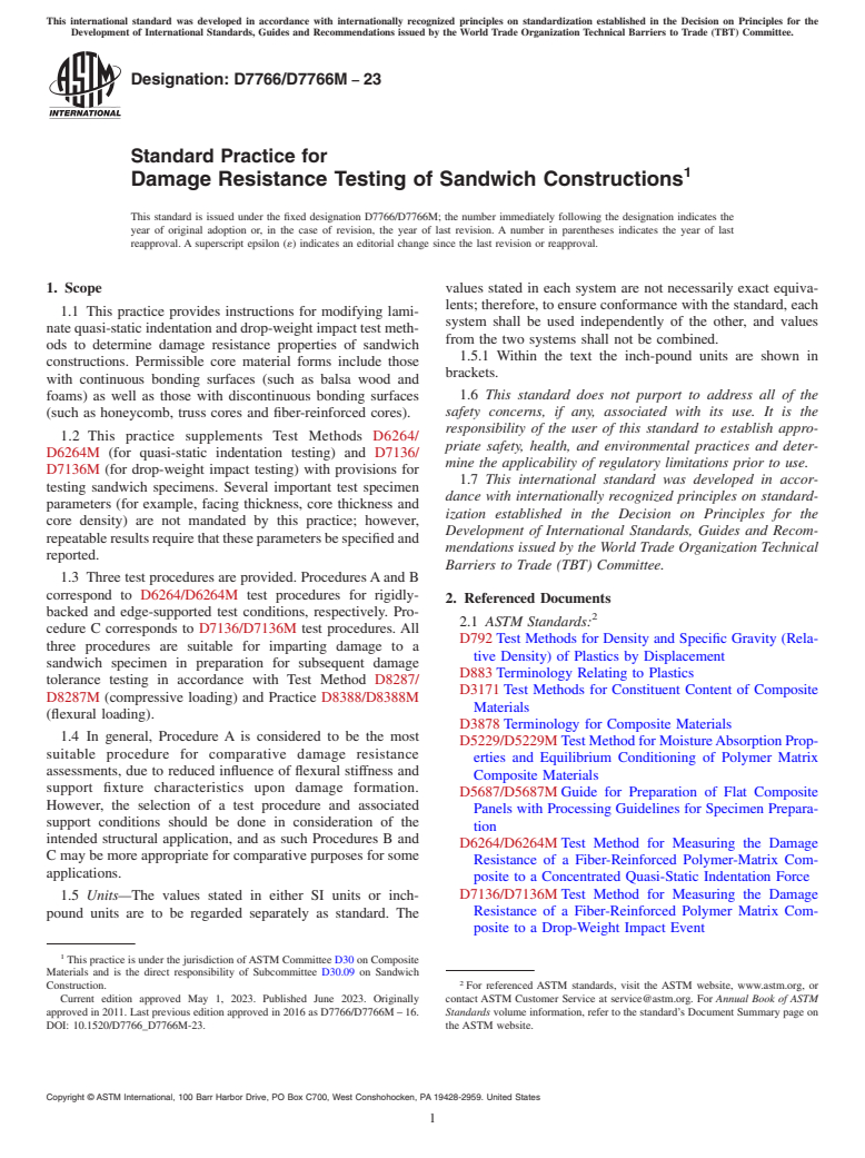 ASTM D7766/D7766M-23 - Standard Practice for Damage Resistance Testing of Sandwich Constructions