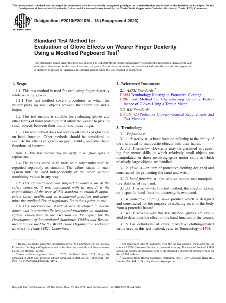 ASTM F2010/F2010M-18(2023) - Standard Test Method for Evaluation of Glove Effects on Wearer Finger Dexterity Using  a Modified Pegboard Test