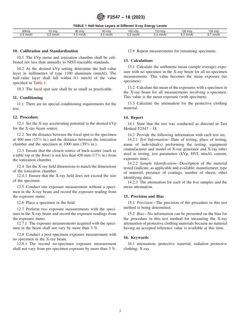 ASTM F2547-18(2023) - Standard Test Method for  Determining the Attenuation Properties in a Primary X-ray Beam  of Materials Used to Protect Against Radiation Generated During the  Use of X-ray Equipment