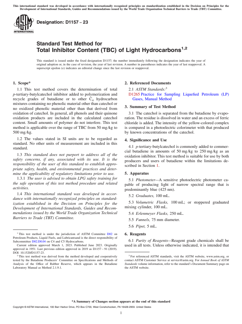 ASTM D1157-23 - Standard Test Method for  Total Inhibitor Content (TBC) of Light Hydrocarbons