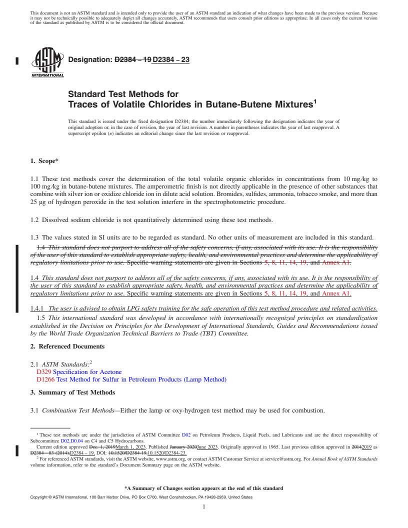 REDLINE ASTM D2384-23 - Standard Test Methods for  Traces of Volatile Chlorides in Butane-Butene Mixtures