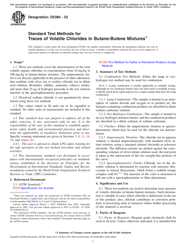 ASTM D2384-23 - Standard Test Methods for  Traces of Volatile Chlorides in Butane-Butene Mixtures