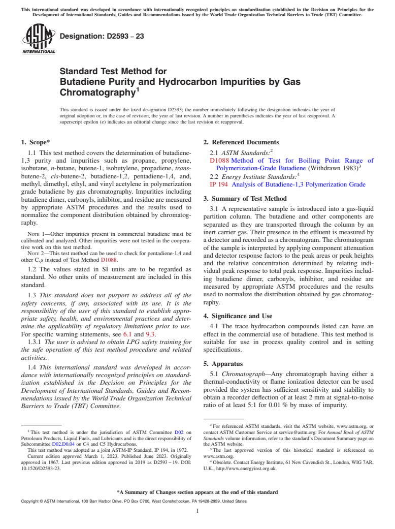 ASTM D2593-23 - Standard Test Method for  Butadiene Purity and Hydrocarbon Impurities by Gas Chromatography