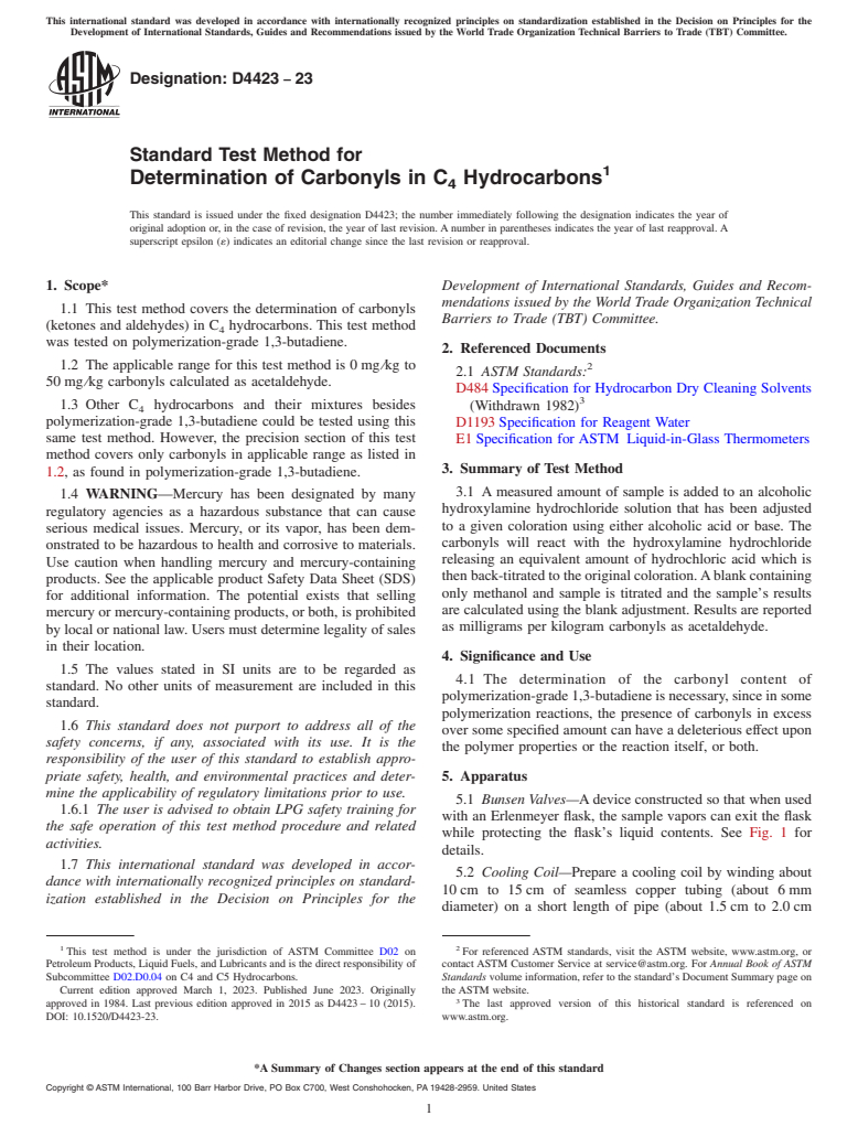 ASTM D4423-23 - Standard Test Method for  Determination of Carbonyls in C<inf>4</inf> Hydrocarbons