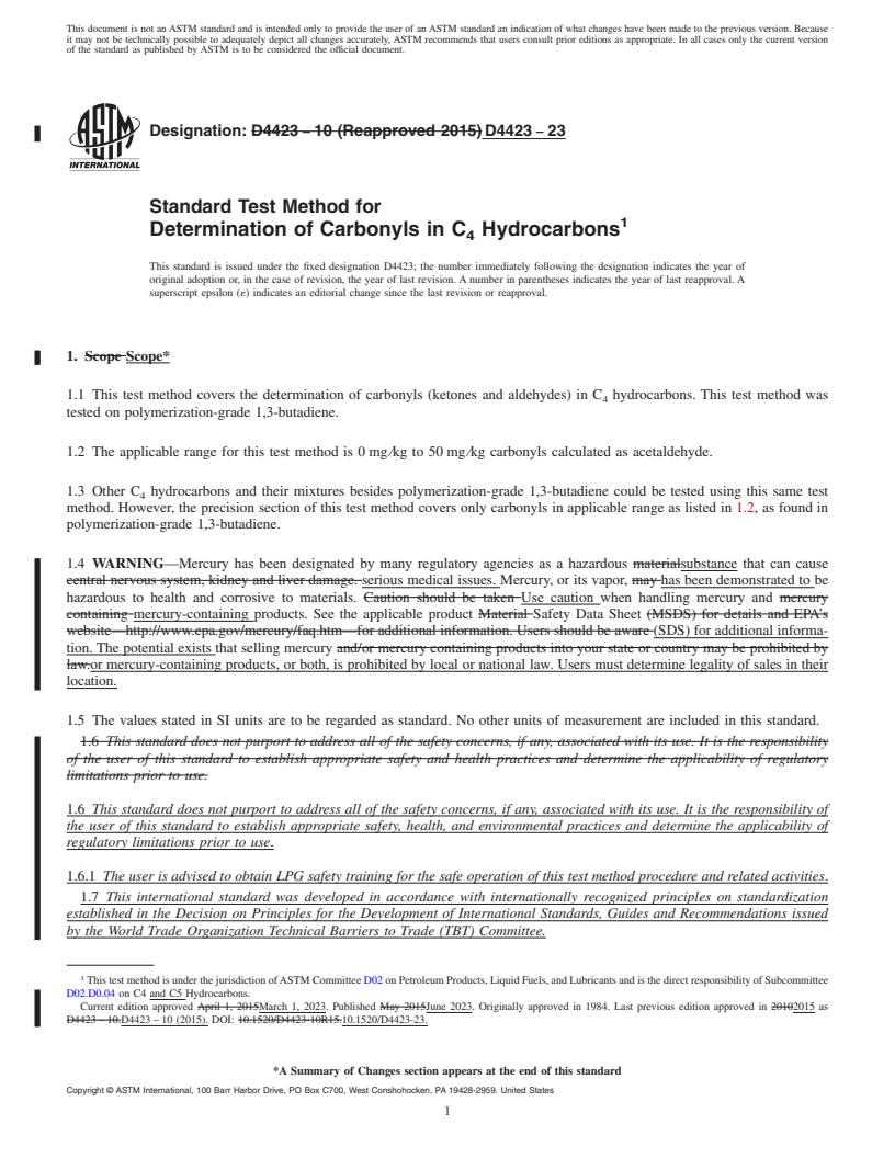 REDLINE ASTM D4423-23 - Standard Test Method for  Determination of Carbonyls in C<inf>4</inf> Hydrocarbons