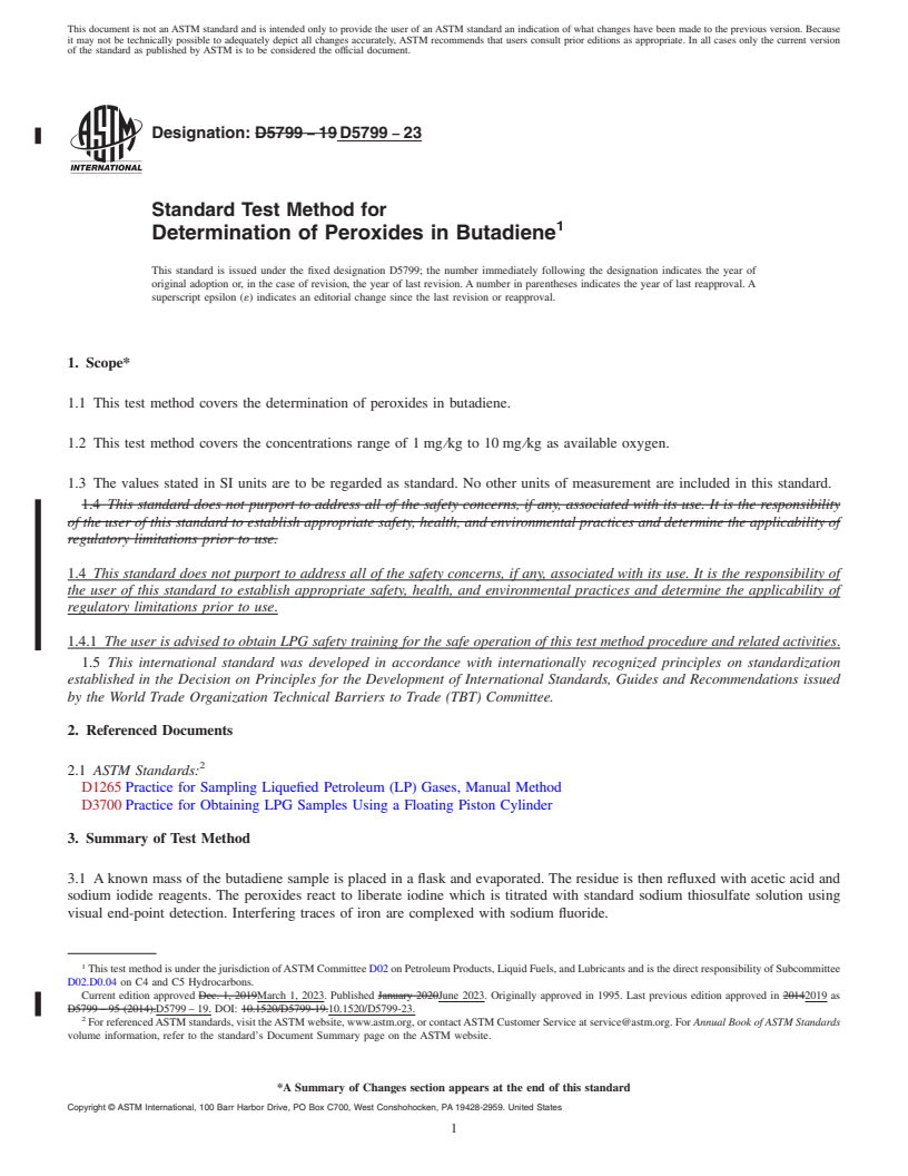 REDLINE ASTM D5799-23 - Standard Test Method for  Determination of Peroxides in Butadiene