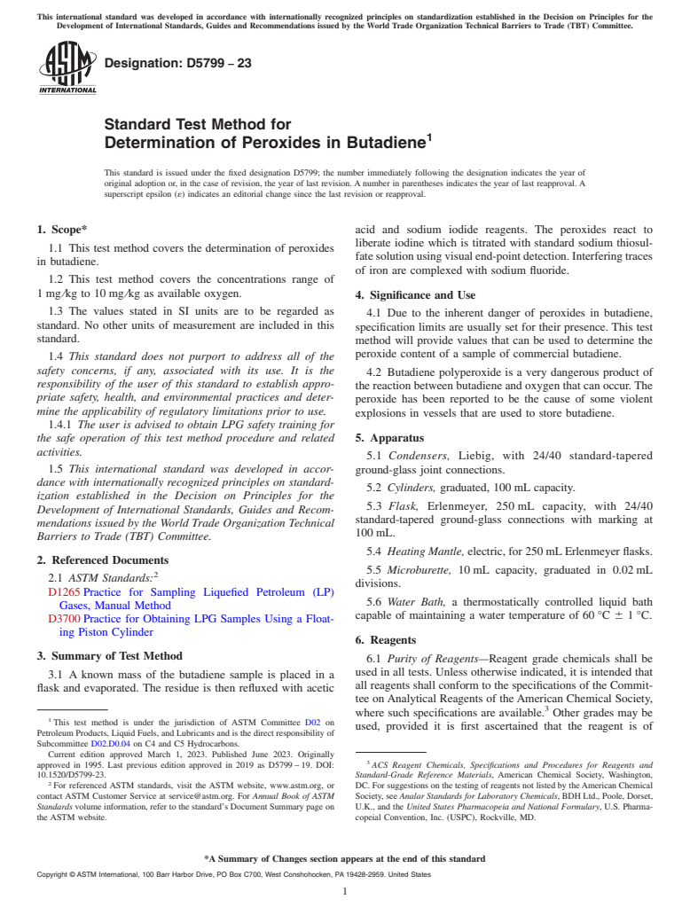 ASTM D5799-23 - Standard Test Method for  Determination of Peroxides in Butadiene