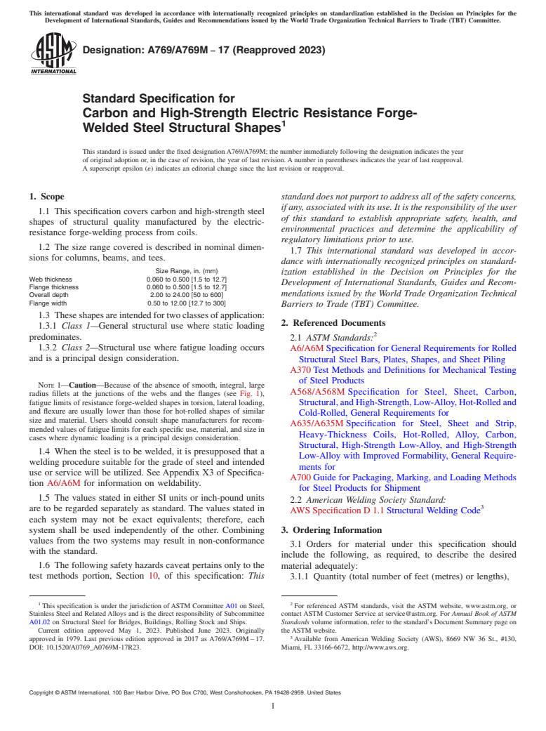 ASTM A769/A769M-17(2023) - Standard Specification for  Carbon and High-Strength Electric Resistance Forge-Welded Steel   Structural Shapes