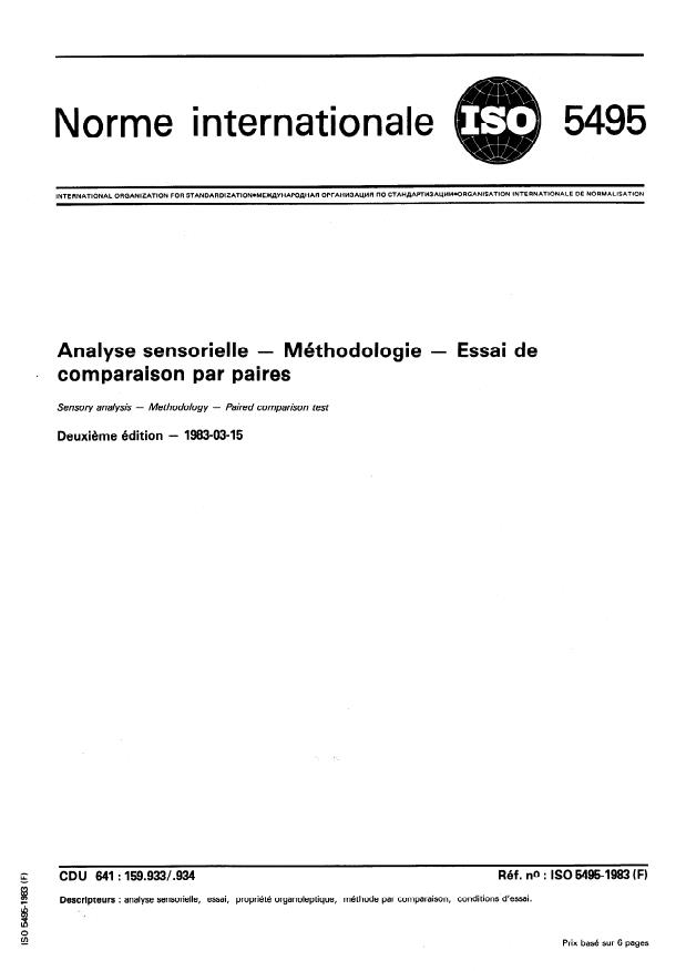 ISO 5495:1983 - Analyse sensorielle -- Méthodologie -- Essai de comparaison par paires