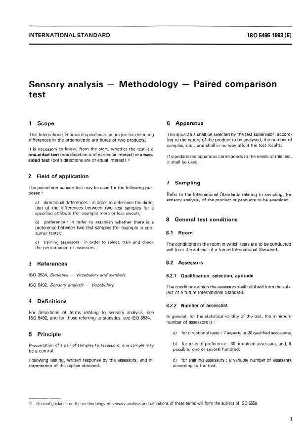 ISO 5495:1983 - Sensory analysis -- Methodology -- Paired comparison test