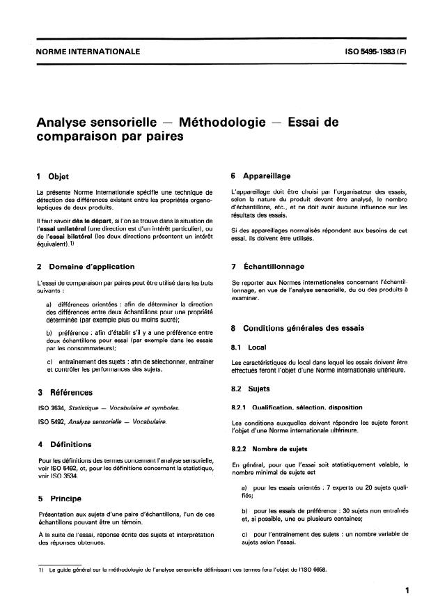 ISO 5495:1983 - Analyse sensorielle -- Méthodologie -- Essai de comparaison par paires