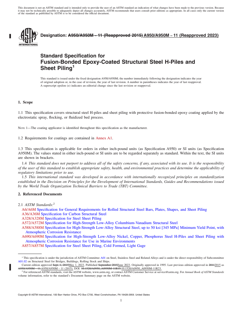 REDLINE ASTM A950/A950M-11(2023) - Standard Specification for  Fusion-Bonded Epoxy-Coated Structural Steel H-Piles and Sheet  Piling