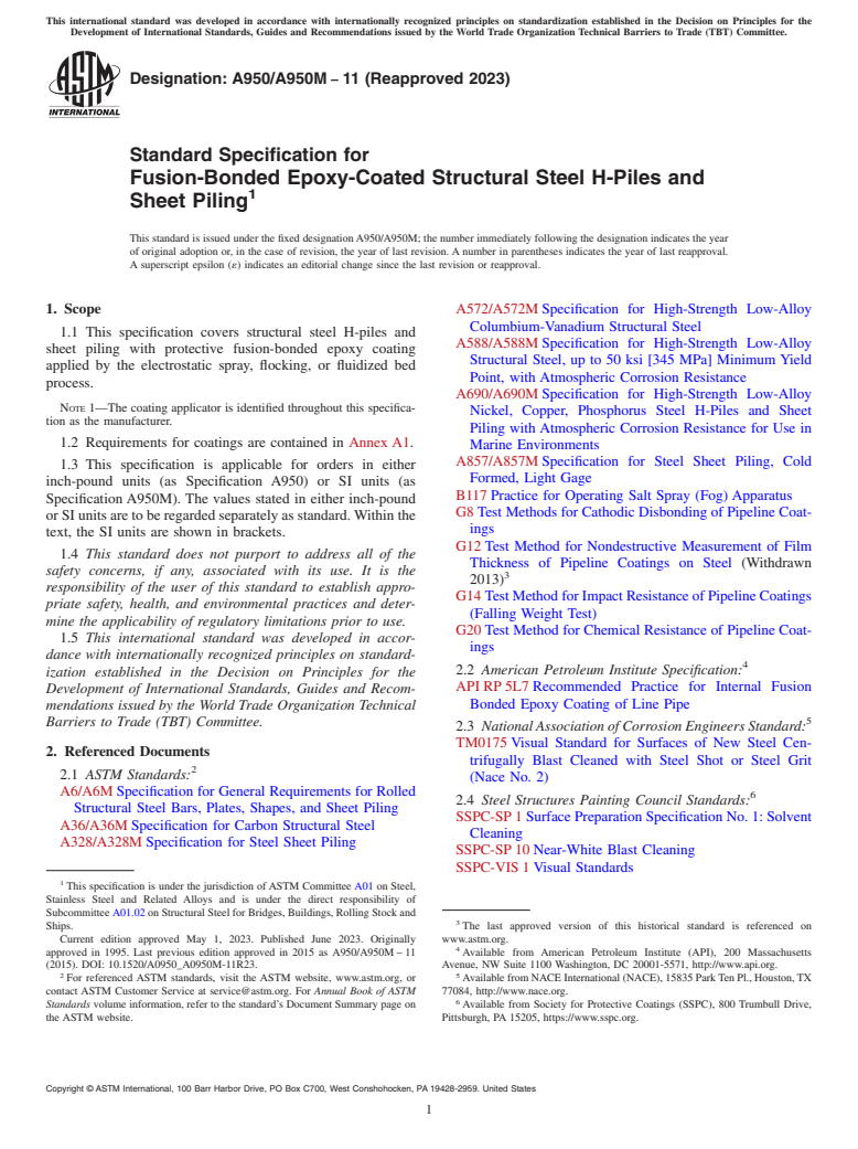 ASTM A950/A950M-11(2023) - Standard Specification for  Fusion-Bonded Epoxy-Coated Structural Steel H-Piles and Sheet  Piling