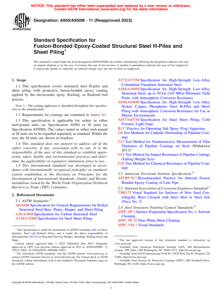 ASTM A950/A950M-11(2023) - Standard Specification for  Fusion-Bonded Epoxy-Coated Structural Steel H-Piles and Sheet  Piling