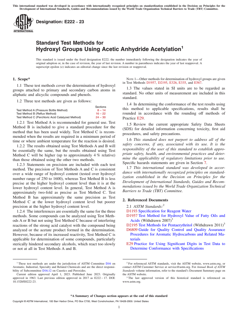 ASTM E222-23 - Standard Test Methods for Hydroxyl Groups Using Acetic Anhydride Acetylation
