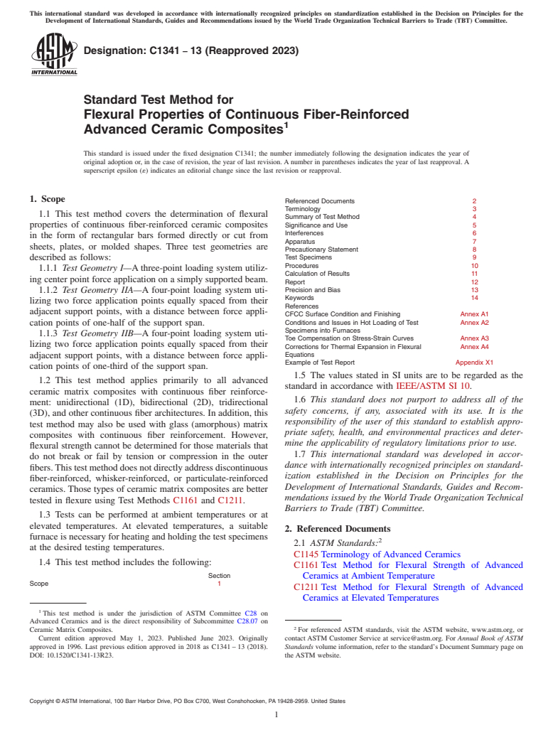 ASTM C1341-13(2023) - Standard Test Method for  Flexural Properties of Continuous Fiber-Reinforced Advanced   Ceramic Composites