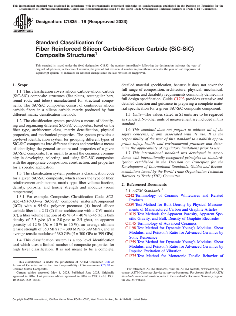 ASTM C1835-16(2023) - Standard Classification for Fiber Reinforced Silicon Carbide-Silicon Carbide (SiC-SiC)  Composite Structures