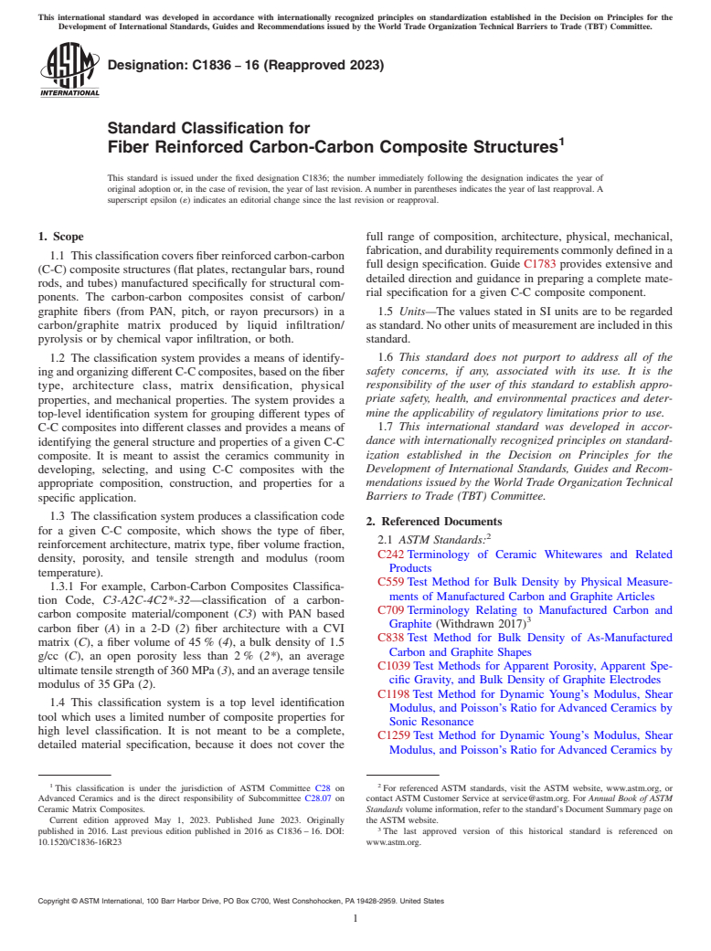 ASTM C1836-16(2023) - Standard Classification for Fiber Reinforced Carbon-Carbon Composite Structures