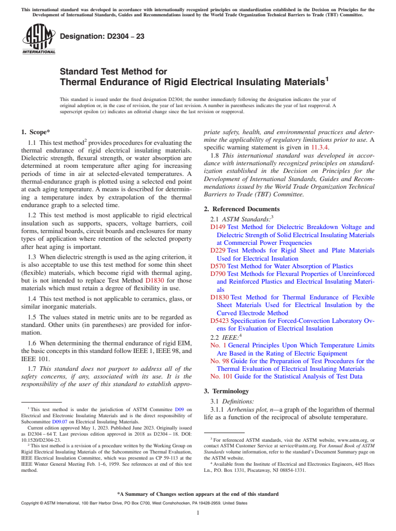 ASTM D2304-23 - Standard Test Method for  Thermal Endurance of Rigid Electrical Insulating Materials