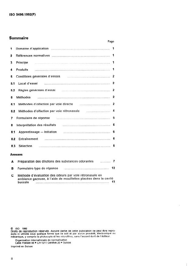 ISO 5496:1992 ISO 5496:1992 - Analyse sensorielle -- Méthodologie -- Initiation et entraînement des sujets a la détection et a la reconnaissance des odeurs - Page 2 preview