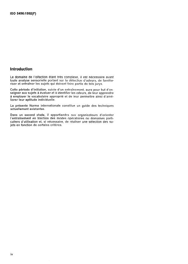 ISO 5496:1992 ISO 5496:1992 - Analyse sensorielle -- Méthodologie -- Initiation et entraînement des sujets a la détection et a la reconnaissance des odeurs - Page 4 preview