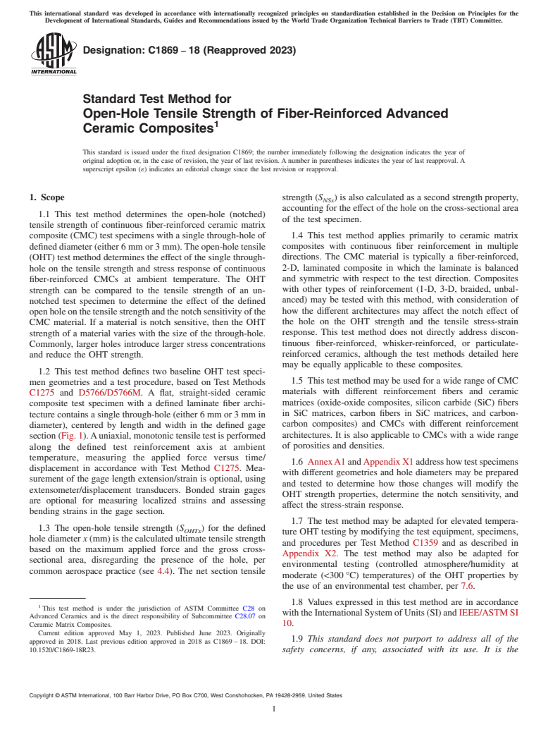 ASTM C1869-18(2023) - Standard Test Method for Open-Hole Tensile Strength of Fiber-Reinforced Advanced Ceramic  Composites