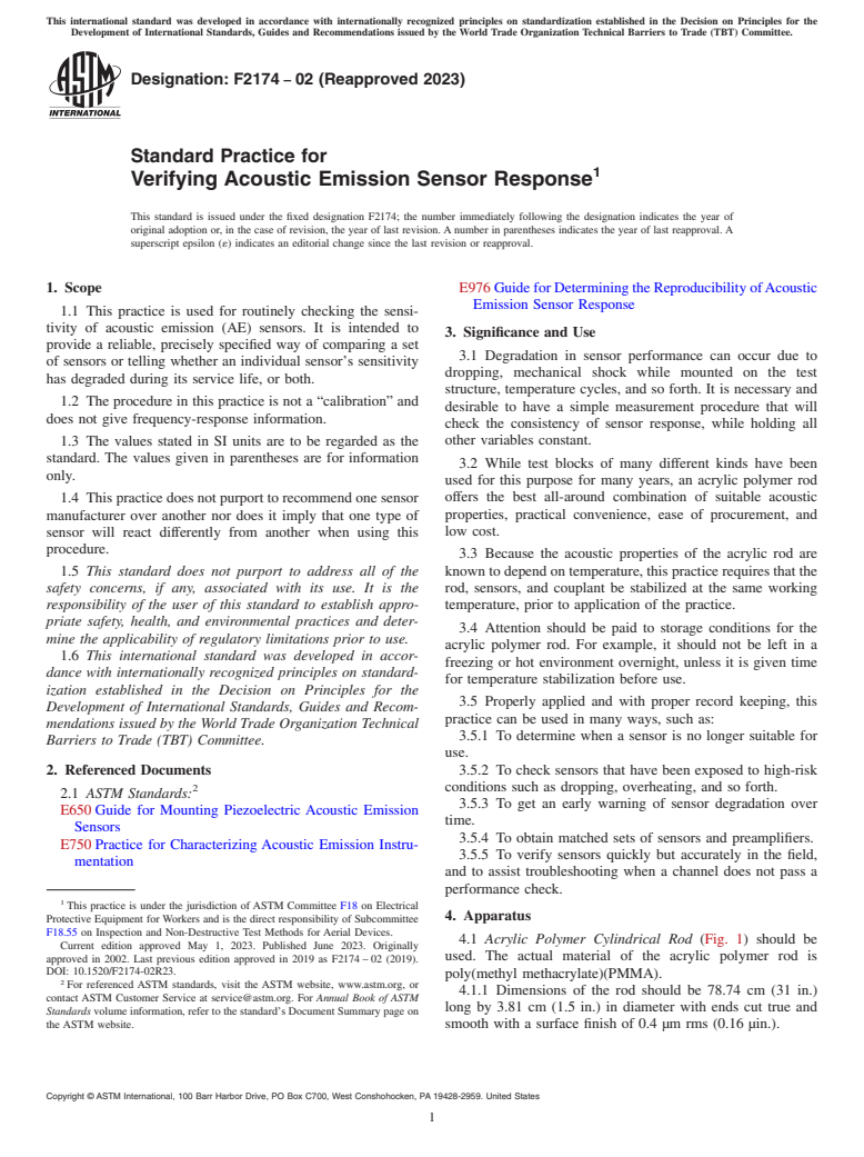 ASTM F2174-02(2023) - Standard Practice for  Verifying Acoustic Emission Sensor Response