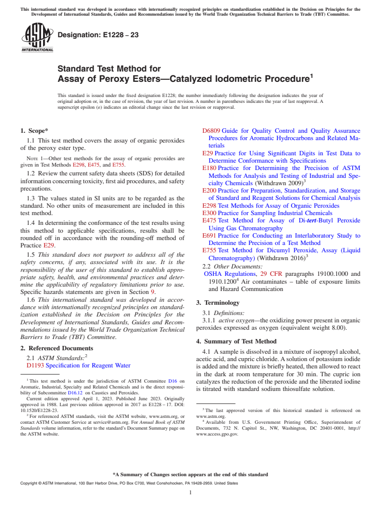 ASTM E1228-23 - Standard Test Method for Assay of Peroxy Esters—Catalyzed Iodometric Procedure