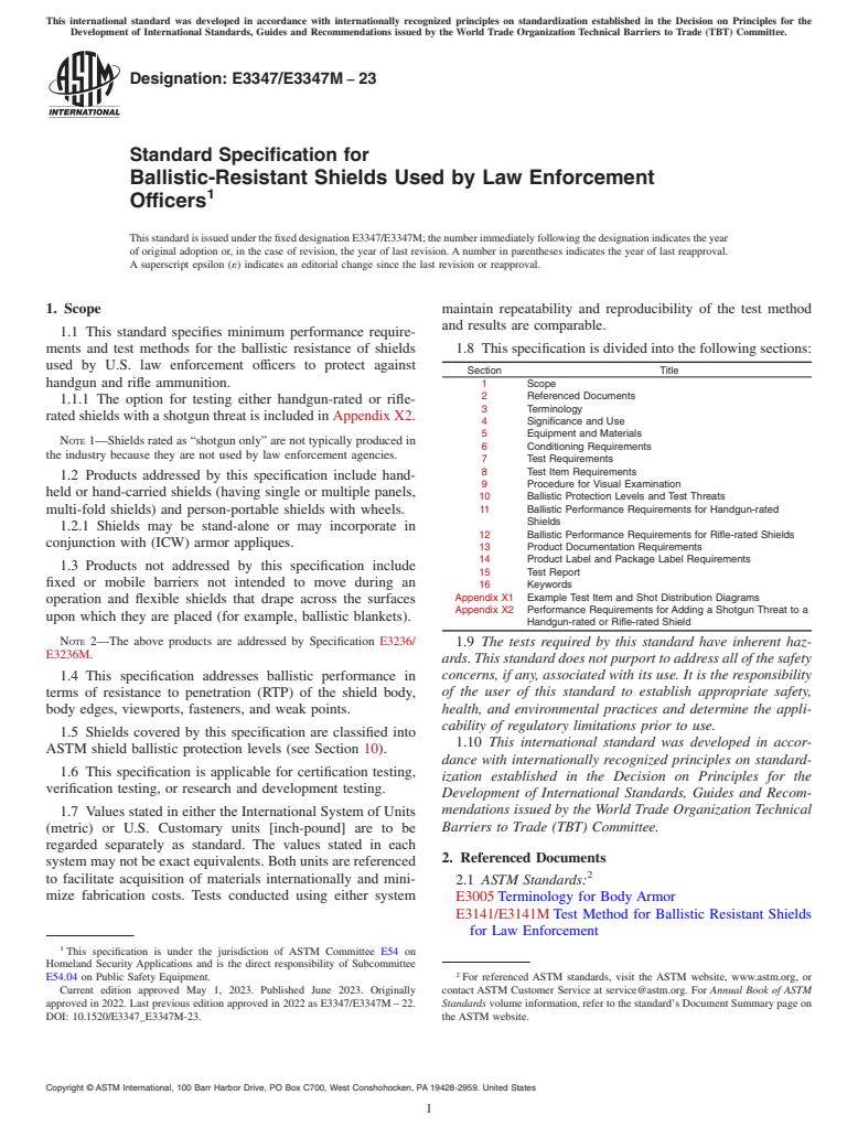 ASTM E3347/E3347M-23 - Standard Specification for Ballistic-Resistant Shields Used by Law Enforcement Officers