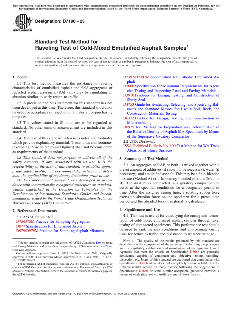 ASTM D7196-23 - Standard Test Method for  Raveling Test of Cold-Mixed Emulsified Asphalt Samples
