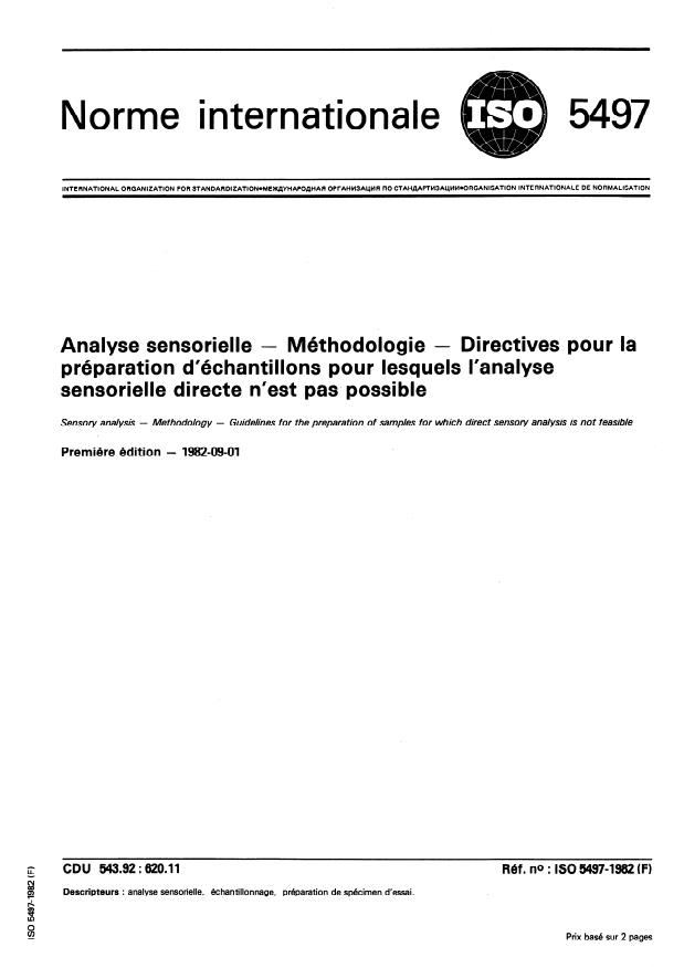 ISO 5497:1982 - Analyse sensorielle -- Méthodologie -- Directives pour la préparation d'échantillons pour lesquels l'analyse sensorielle directe n'est pas possible