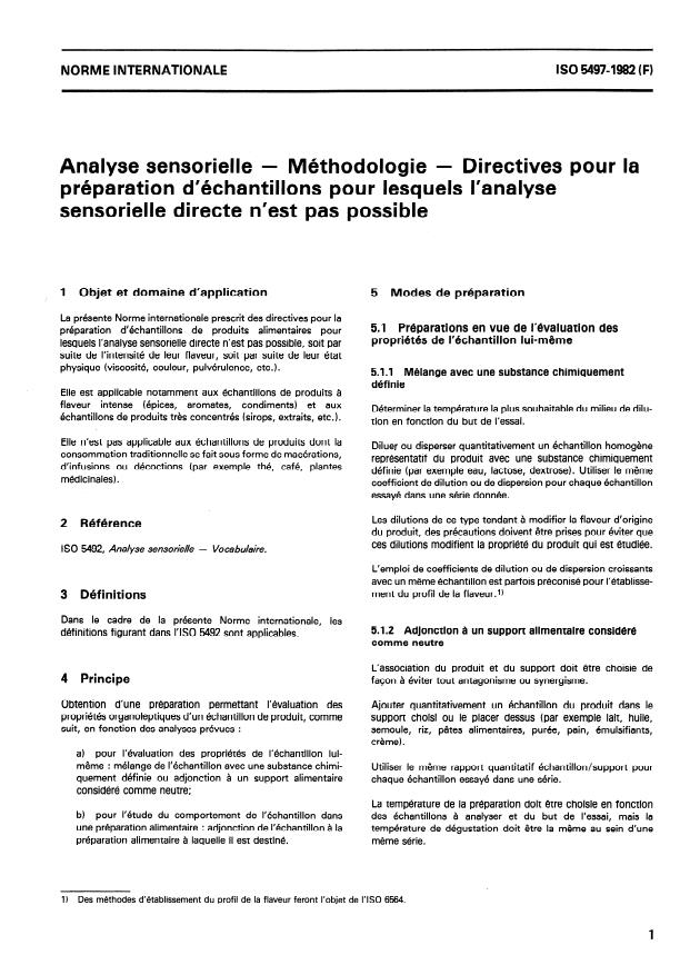 ISO 5497:1982 - Analyse sensorielle -- Méthodologie -- Directives pour la préparation d'échantillons pour lesquels l'analyse sensorielle directe n'est pas possible