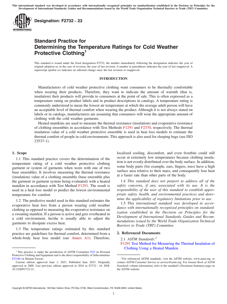 ASTM F2732-23 - Standard Practice for  Determining the Temperature Ratings for Cold Weather Protective  Clothing