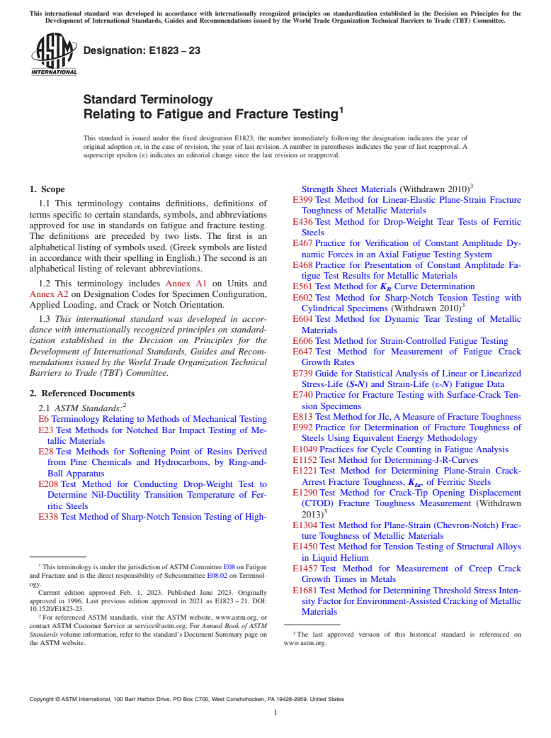 ASTM E1823-23 - Standard Terminology  Relating to Fatigue and Fracture Testing