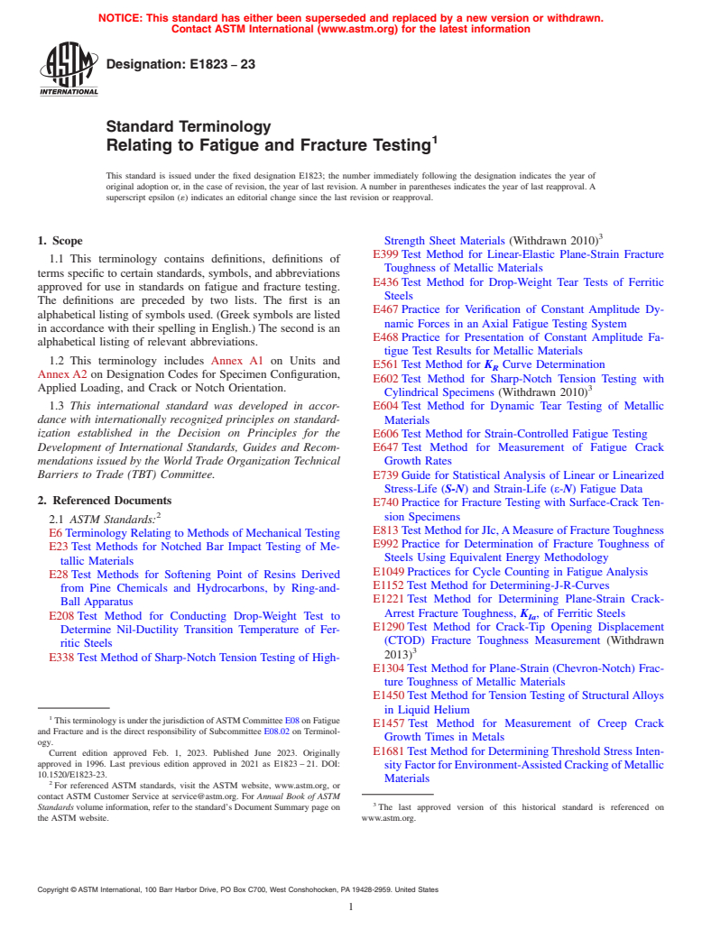 ASTM E1823-23 - Standard Terminology  Relating to Fatigue and Fracture Testing