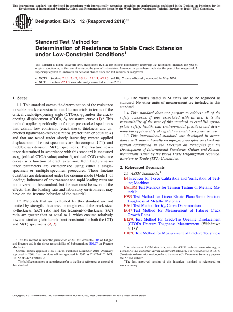 ASTM E2472-12(2018)e2 - Standard Test Method for  Determination of Resistance to Stable Crack Extension under  Low-Constraint Conditions