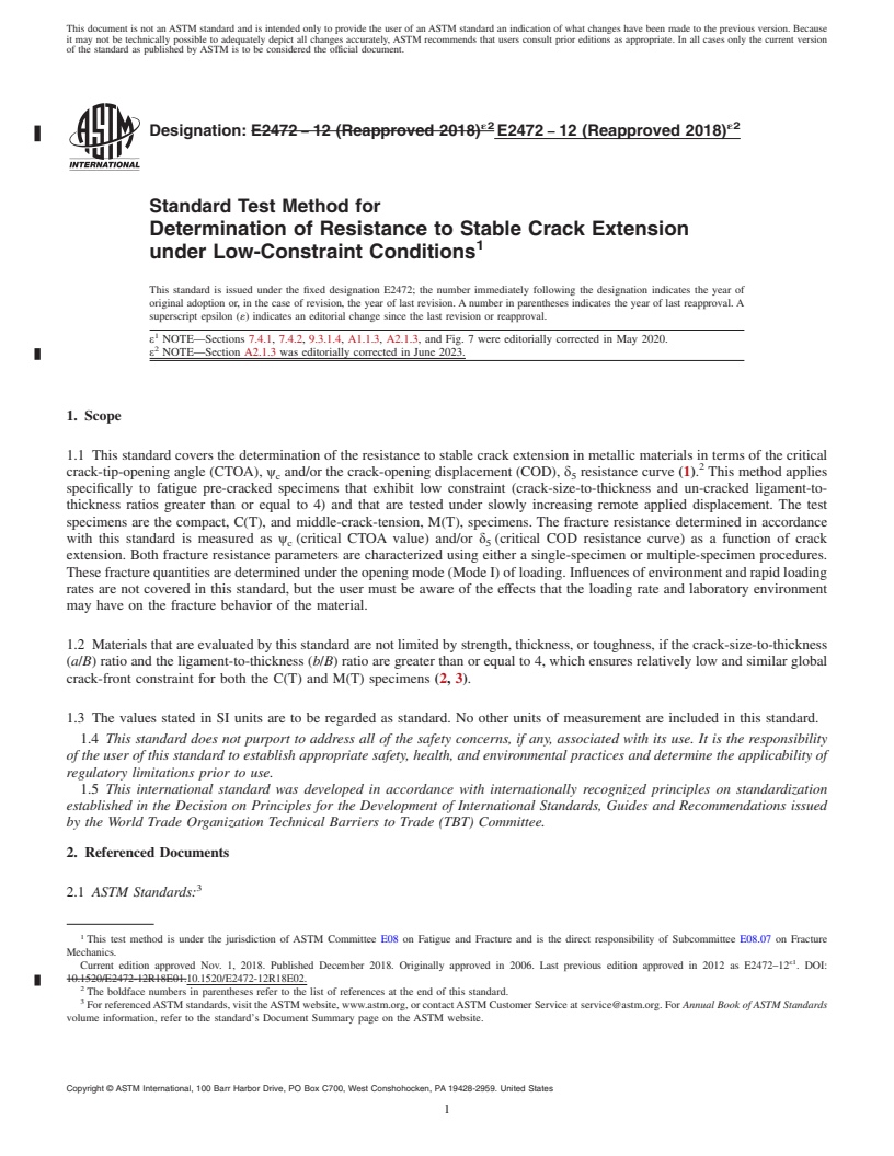 REDLINE ASTM E2472-12(2018)e2 - Standard Test Method for  Determination of Resistance to Stable Crack Extension under  Low-Constraint Conditions