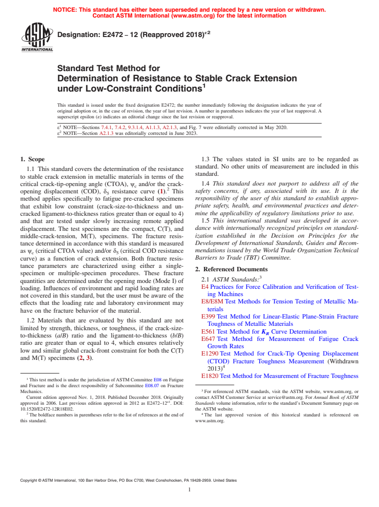 ASTM E2472-12(2018)e2 - Standard Test Method for  Determination of Resistance to Stable Crack Extension under  Low-Constraint Conditions