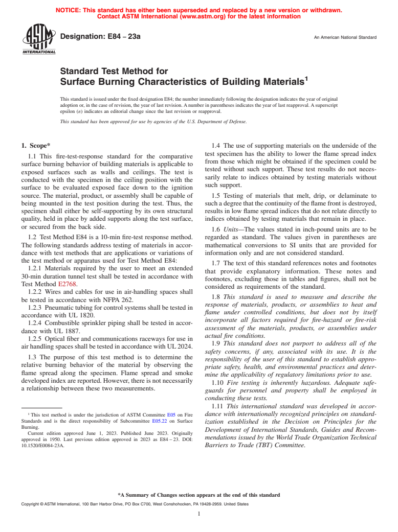 ASTM E84-23a - Standard Test Method for  Surface Burning Characteristics of Building Materials