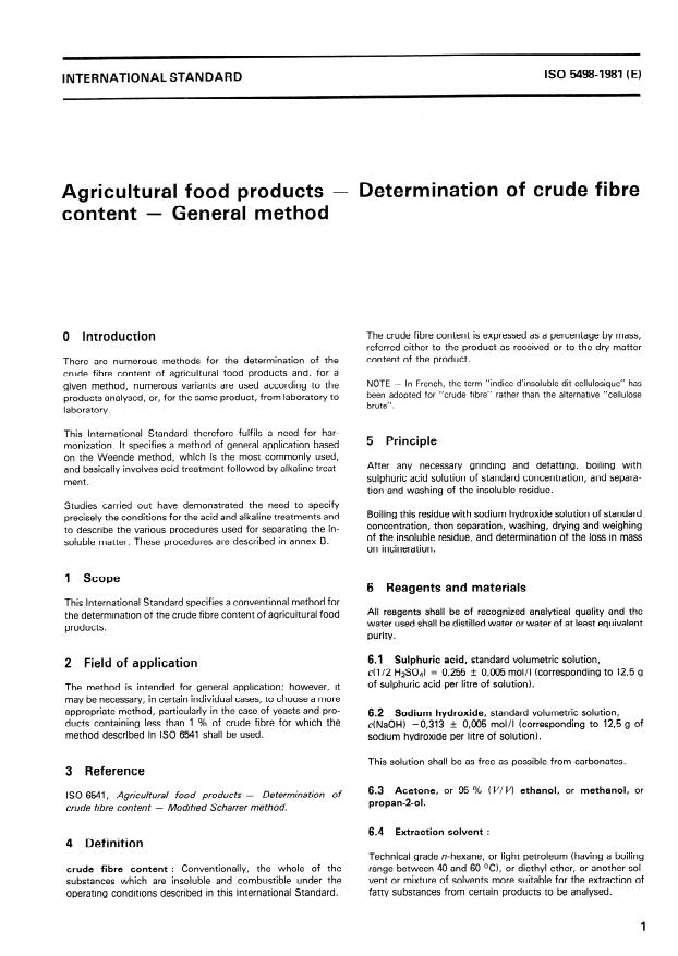 ISO 5498:1981 - Agricultural food products -- Determination of crude fibre content -- General method